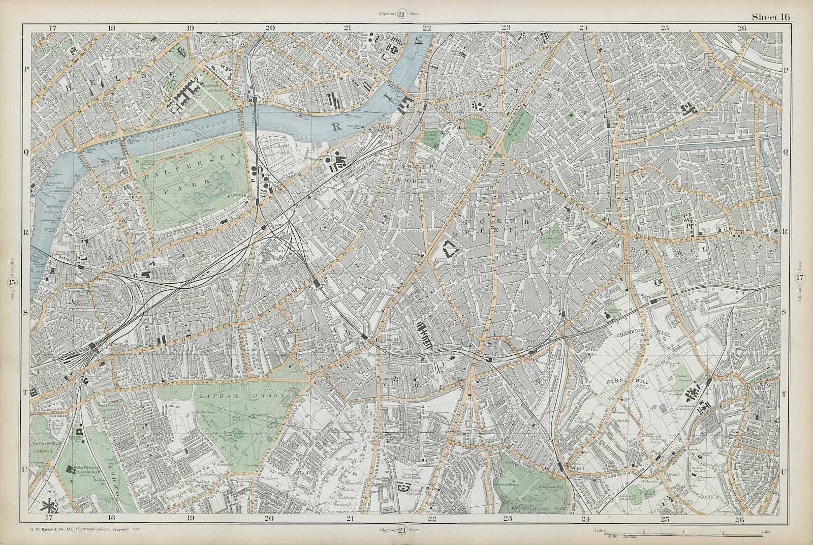 S LONDON Clapham Brixton Lambeth Battersea Chelsea Camberwell. BACON  1906 map